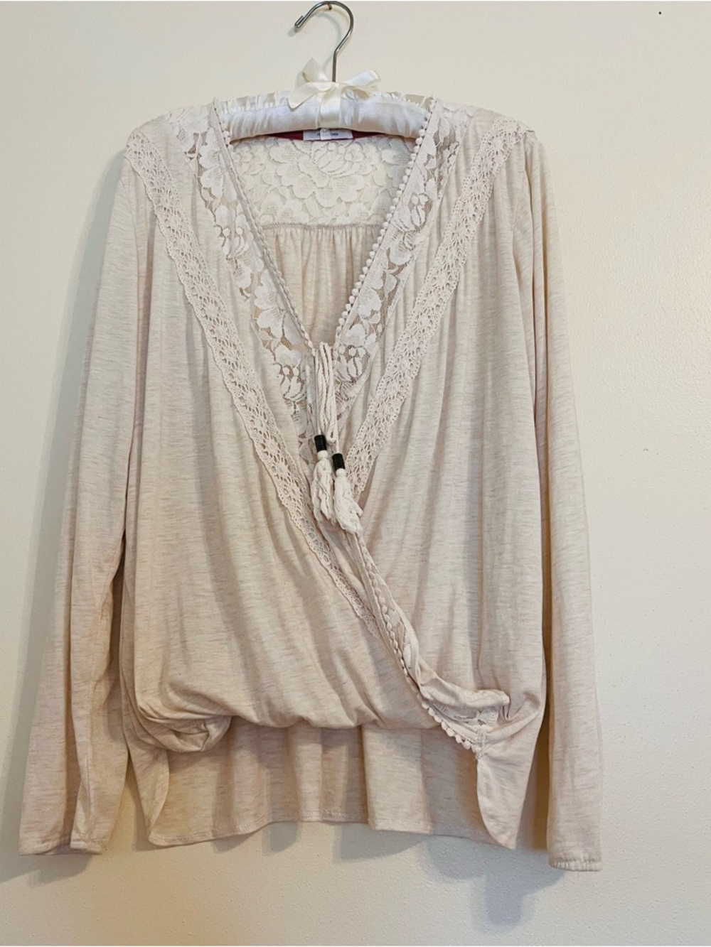 Maurices Lace-Trim Wrap Long Sleeve Peasant Top in Light Beige